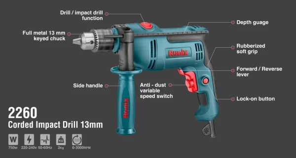 دریل برقی چکشی 2260، 13 میلی‌متری آچاری 750 وات 3000 دور