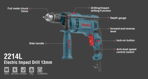 دریل 13 میلی متر چکشی 2214L، 650 وات-آچاری